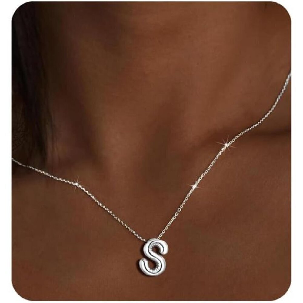 Silver Initial Pendant Necklace – Personalized Letter “S” Trendy Stuffed Bubble